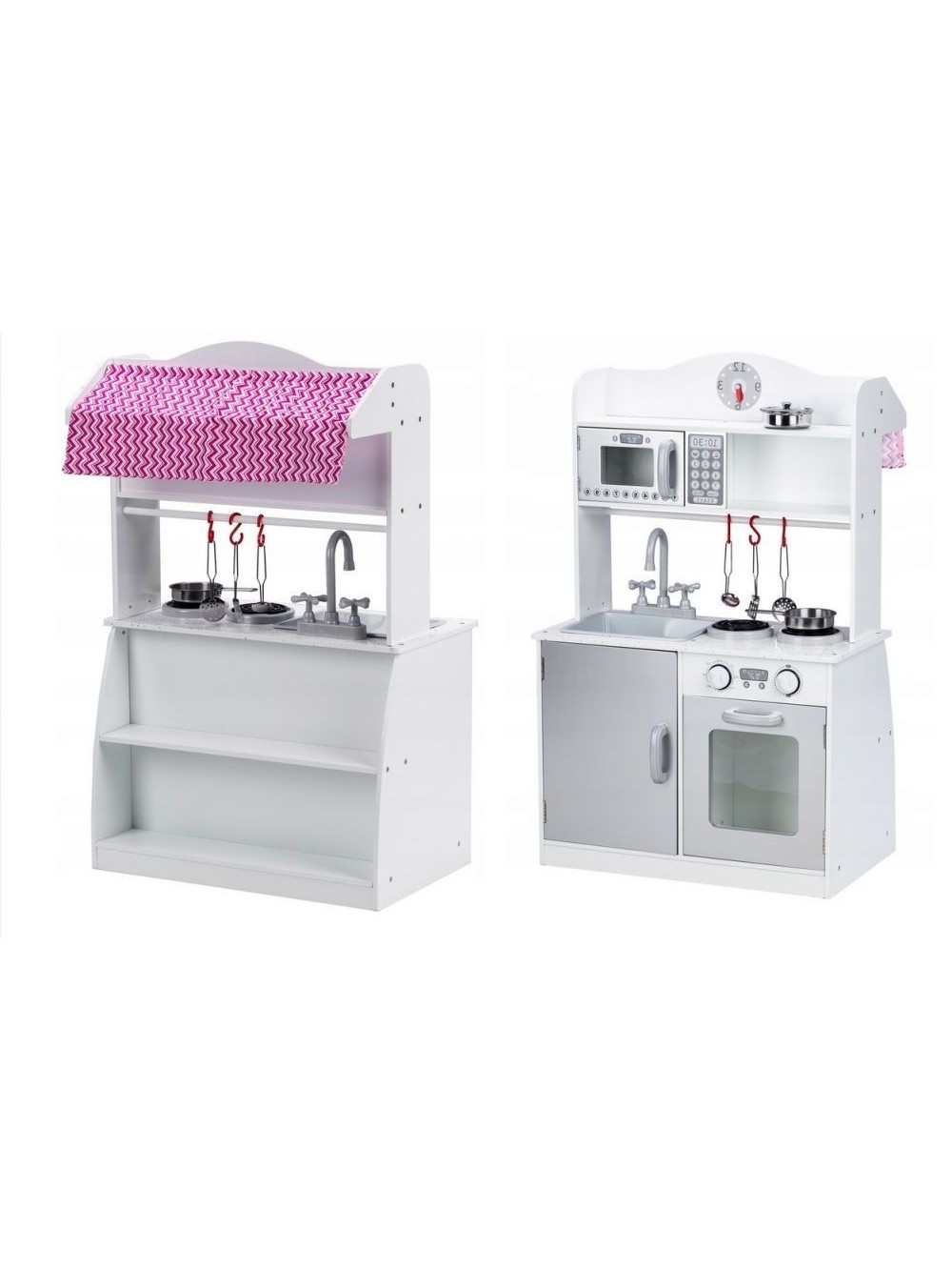 ECOTOYS Ξύλινη μεγάλη παιδική κουζίνα 2 σε 1, κουζίνα και μαγαζί, σε λευκό χρώμα  60x30x92cm