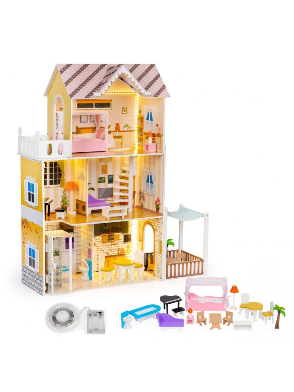 EcoToys τριώροφο ξύλινο παιδικό κουκλόσπιτο με LED φωτισμό, κήπο και αξεσουάρ