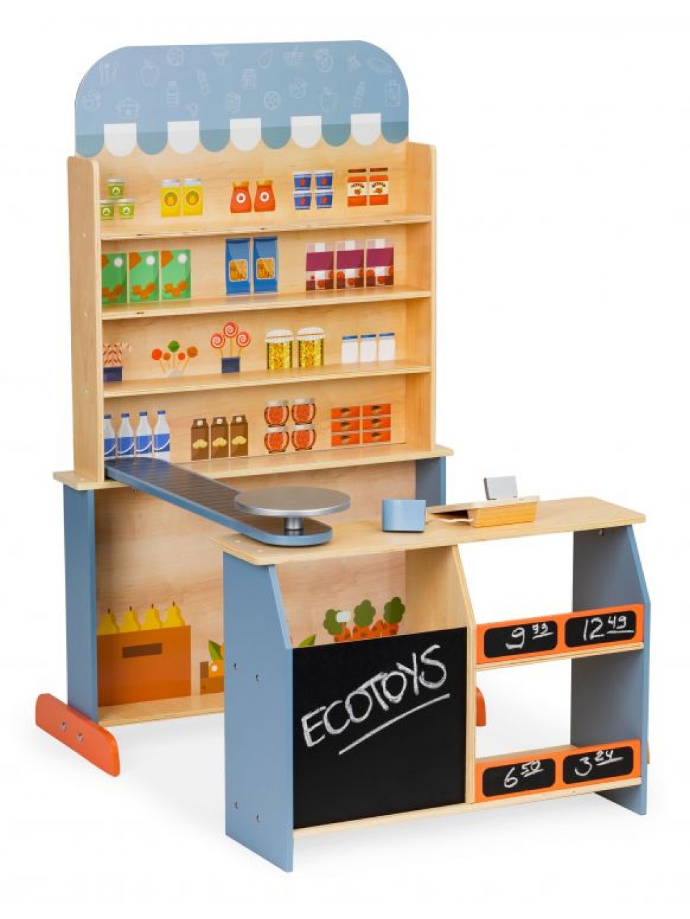EcoToys ξύλινος πάγκος καταστήματος με ράφια,τσάντα αγοράς,barcode και ταμειακή μηχανή