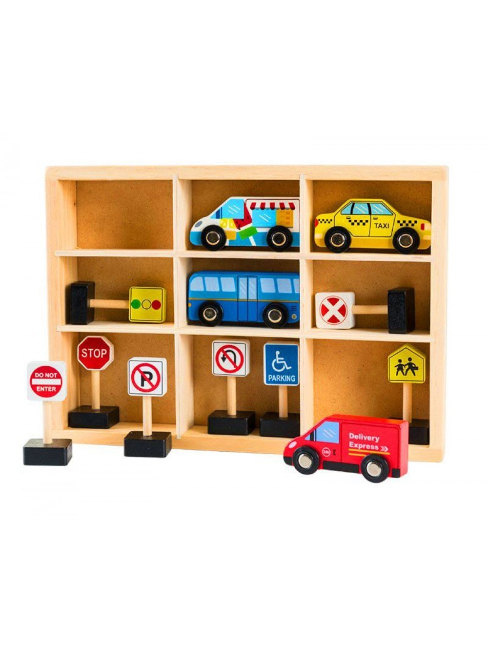 EcoToys σετ απο ξύλινα αυτοκίνητα και σήματα κυκλοφορίας με κουτί αποθήκευσης