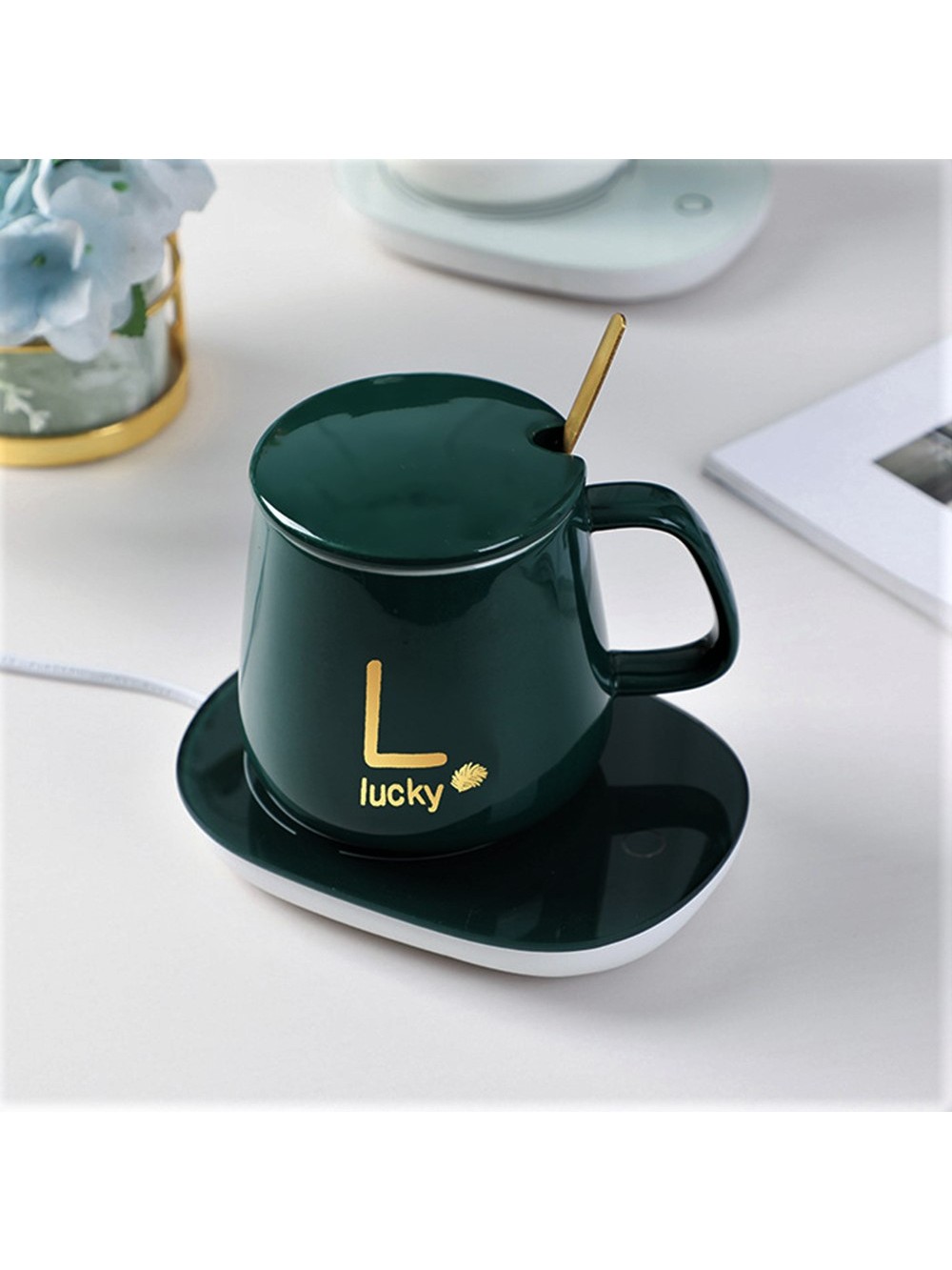 Loco Σετ Θερμαινόμενη Βάση με USB και Γυάλινη Κούπα για ροφήματα σε πράσινο χρώμα 350 ml