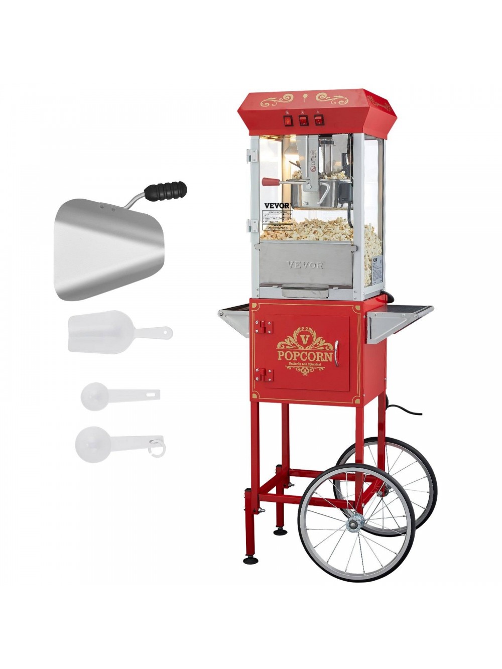 VEVOR Μηχανή Ποπκόρν με Καρότσι 850W 8 Oz 48 Κούπες Κόκκινη CSBMHJ8OZ850W171EV2