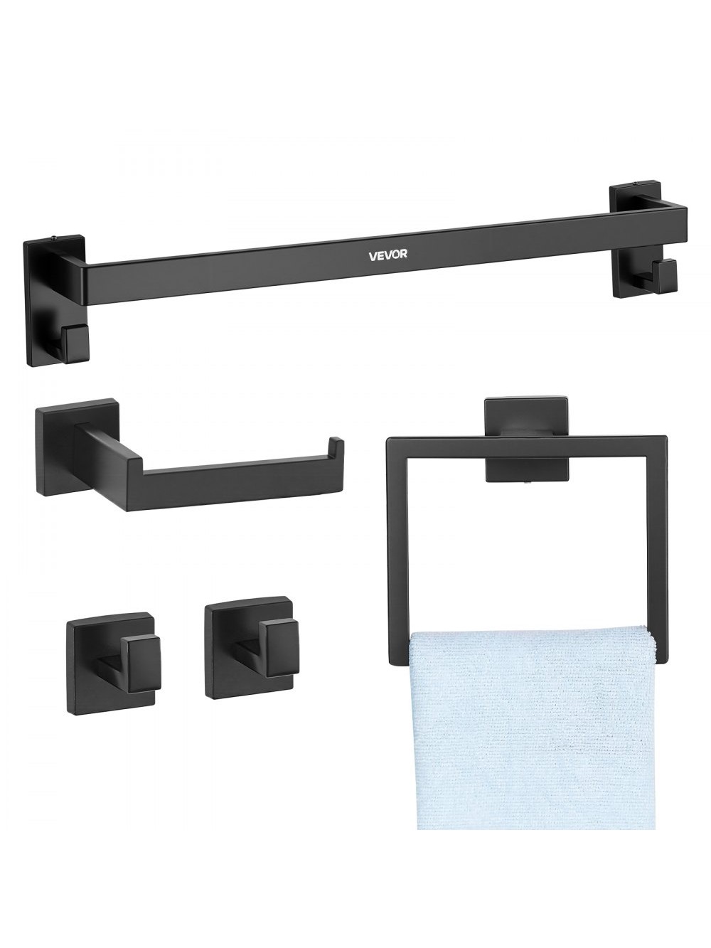 VEVOR Σετ Αξεσουάρ Υλικού Μπάνιου από Ανοξείδωτο Χάλυβα (5 τεμαχίων) συμπεριλαμβάνει Πετσετοθήκη & Κρίκο Πετσέτας (τετράγωνο) & 2 Γάντζους & Θήκη Χαρτιού Υγείας, για Μπάνιο, Επιτοίχια Τοποθέτηση Μαύρο DGMJGTZ24INCSY6SO001V0