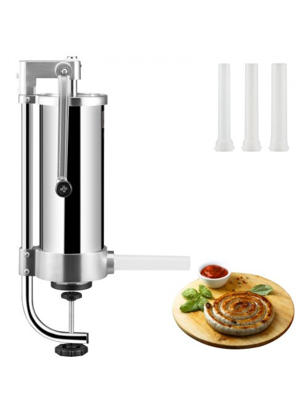 VEVOR Χειροκίνητος Γεμιστήρας Λουκάνικων 3 L, Ανοξείδωτο Ατσάλι + Αλουμίνιο, Επαγγελματική Ασημένια Μηχανή Λουκάνικων με Σωλήνες Πλήρωσης 16 / 19 / 22 mm, Κάθετη Πρέσα Λουκάνικων με Σφιγκτήρα Τραπεζιού για Σπιτική Χρήση