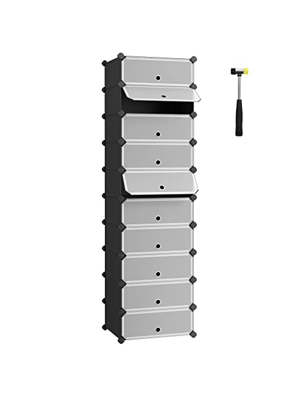 SONGMICS Interlocking Shoe Rack, Rectangular Storage Organiser, 10 Slot Modular DIY Storage Shelf Unit, 40 x 30 x 17 cm for Each Slot, Plastic Wardrobe with Doors, Black LPC10HV1