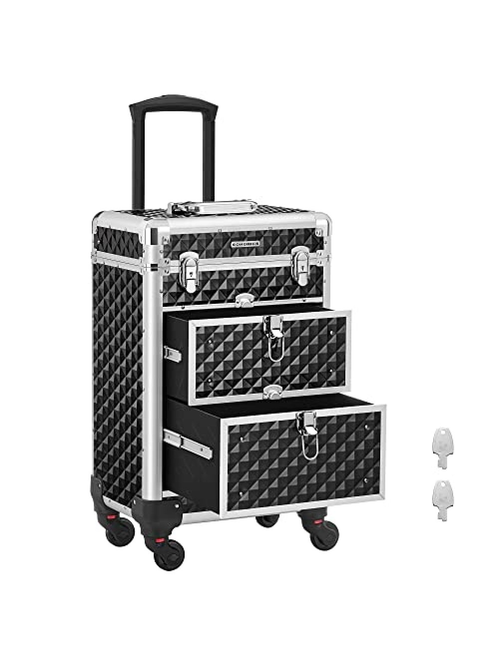 SONGMICS Lockable Makeup Case, Rolling Cosmetics Beauty Trolley Box, for Professional Makeup Artist, Beauty Studio, Nail Technician, ABS, Aluminum, 34 x 27 x 57 cm, Black JHZ08BK