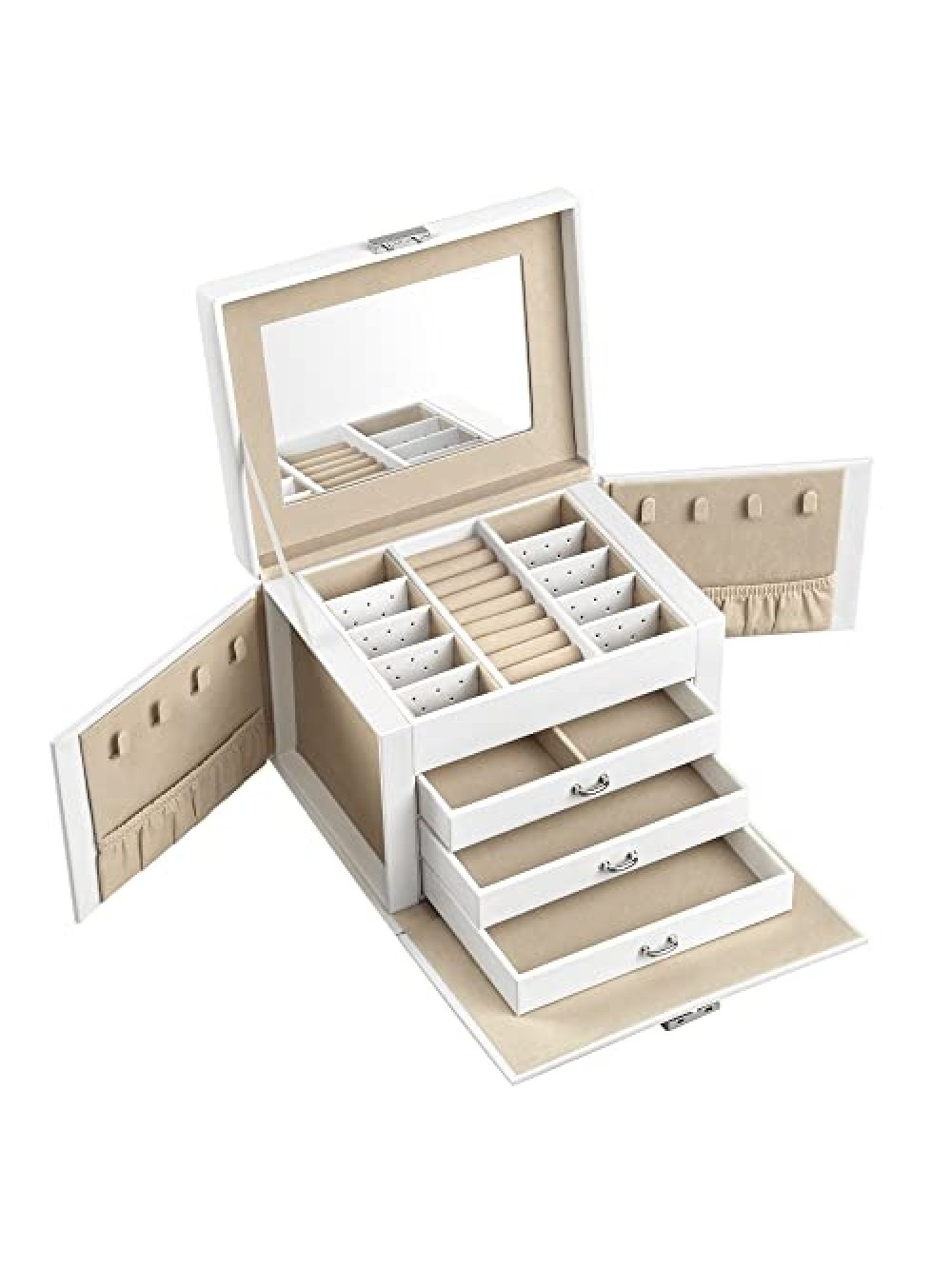 SONGMICS Jewellery Box, Jewellery Organiser 4 Levels, Lockable Jewellery Storage Case with Trays, Velvet Lining, White JBC159W01