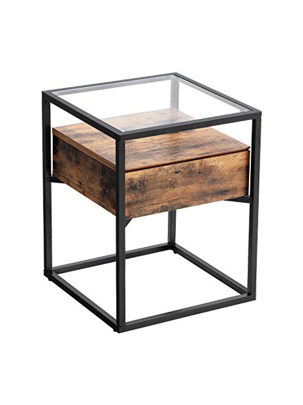 VASAGLE Side Table, Tempered Glass End Table with Drawer and Shelf, Bedside Table, Industrial in Living Room Lounge Foyer, Stable Steel Frame, Rustic Brown and Black LET04BX
