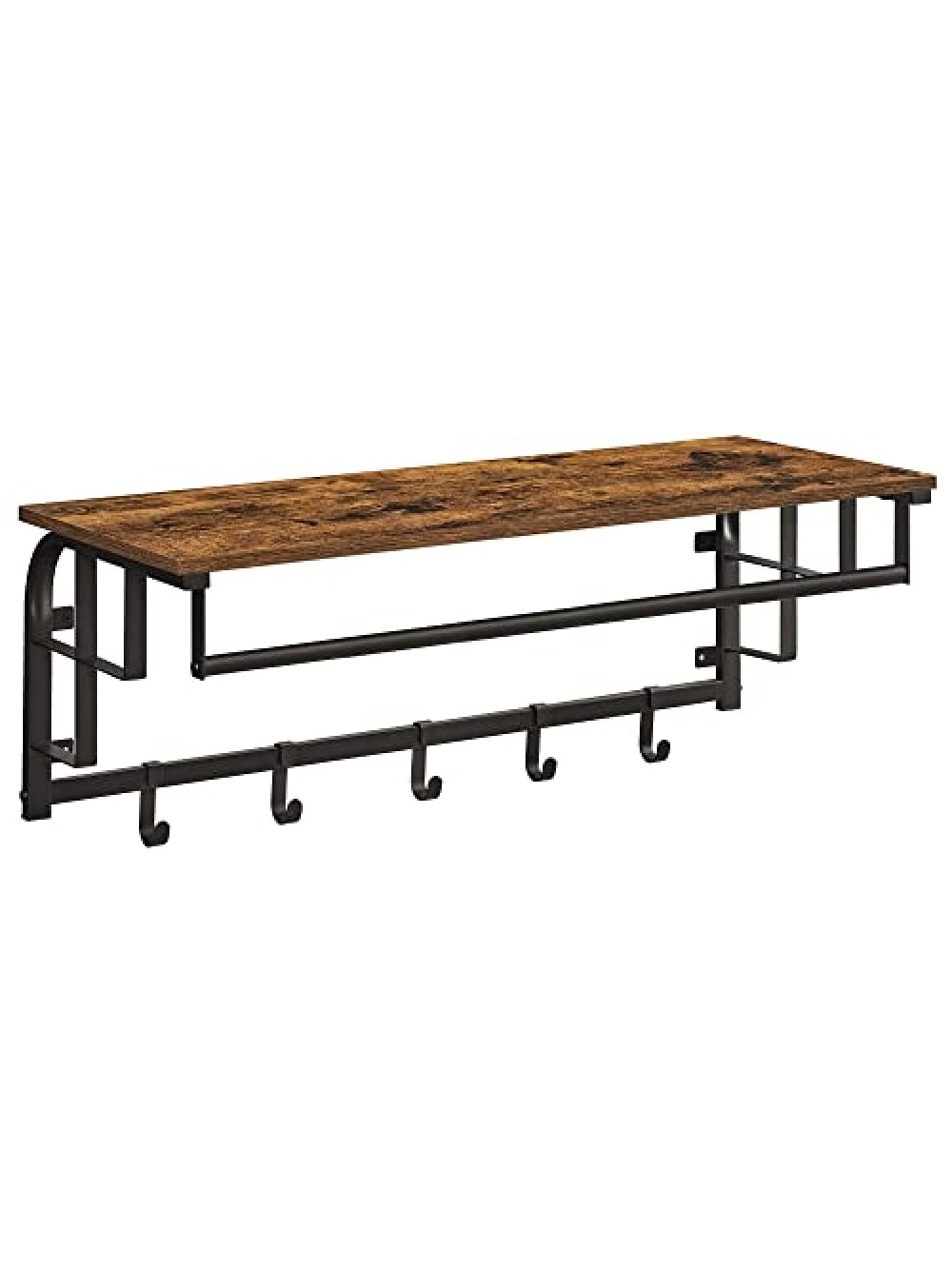 VASAGLE Coat Rack Wall-Mounted, Clothes Rail with 5 Removable Coat Hooks, Floating Shelf with Hanging Rail, for Hallway, Bedroom, Living Room, Rustic Brown and Black LCR102B01