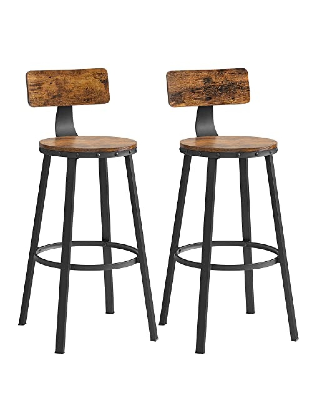 VASAGLE Bar Stools, Kitchen Stools, Set of 2 Tall Bar Chairs with Backrest, Steel Frame, 73 cm High Seat, Easy Assembly, Industrial, Rustic Brown and Black LBC026B01V1