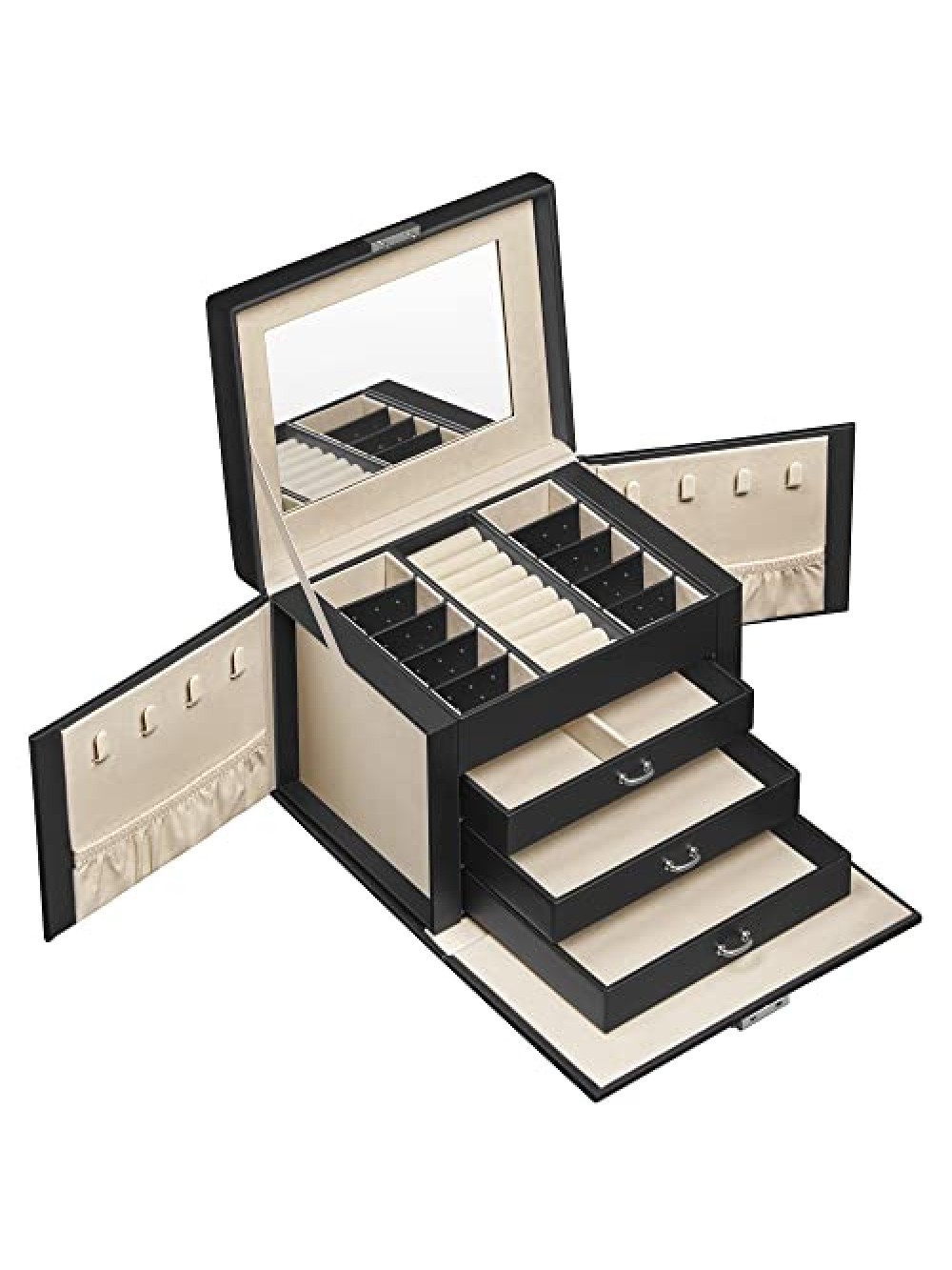 SONGMICS Jewellery Box, Jewellery Organiser 4 Levels, Lockable Jewellery Storage Case with Trays, Velvet Lining, Black JBC159B01