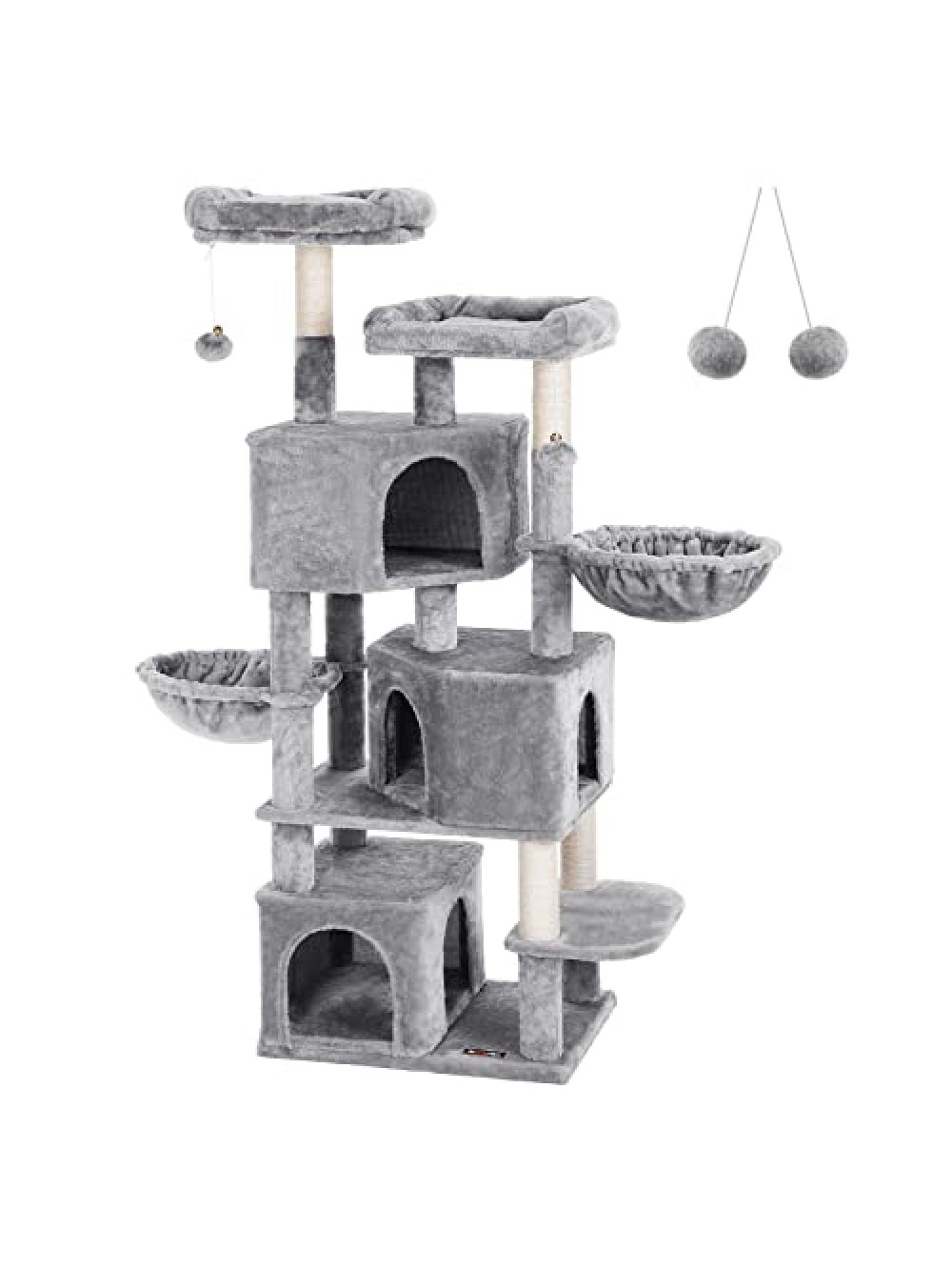 FEANDREA Large Cat Tree with 3 Cat Caves, 164 cm Cat Tower, Light Grey PCT98W