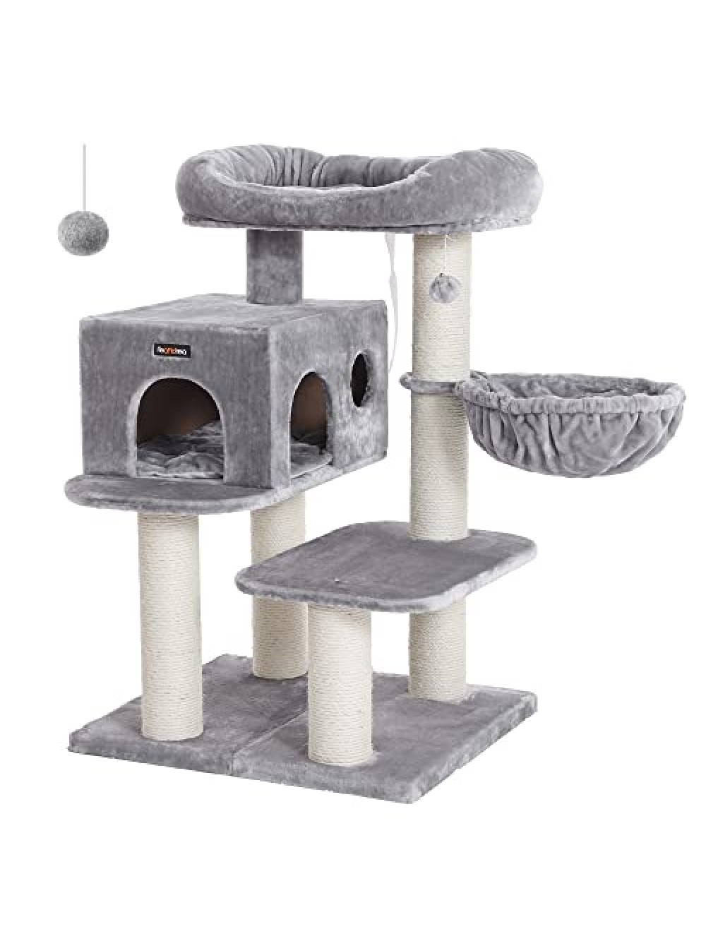 FEANDREA Cat Tree, Cat Tower with XXL Plush Perch, Cat Condo with Adjustable Units, Cat Toys, Extra Thick Posts Completely Wrapped in Sisal, Stable, Beige PCT01W, Light Grey