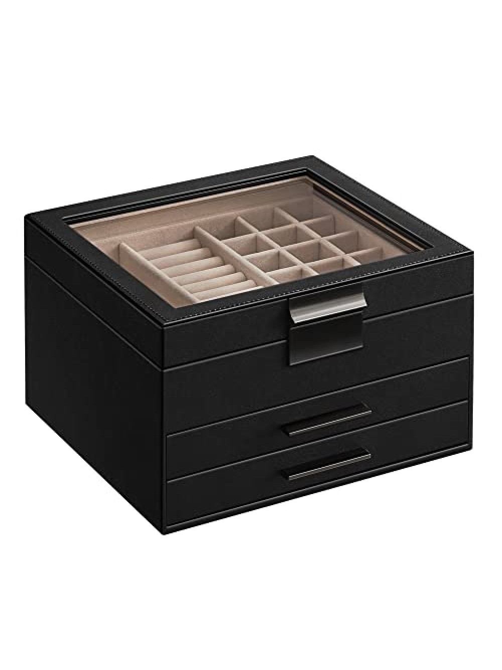 SONGMICS Jewellery Box with Glass Lid, 3-Layer Jewellery Organiser with 2 Drawers, Jewellery Storage, Plenty of Storage Space, Modern Style, Gift for Loved Ones, Graphite Black and Silver JBC239BK