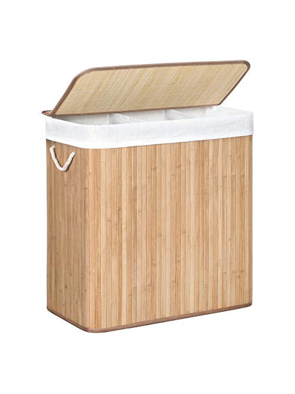 SONGMICS Laundry Hamper Basket with 3 Sections, Clip-on Lid and Handles, 150L Foldable, for Laundry Room, Bedroom, Bathroom, Natural LCB091N01