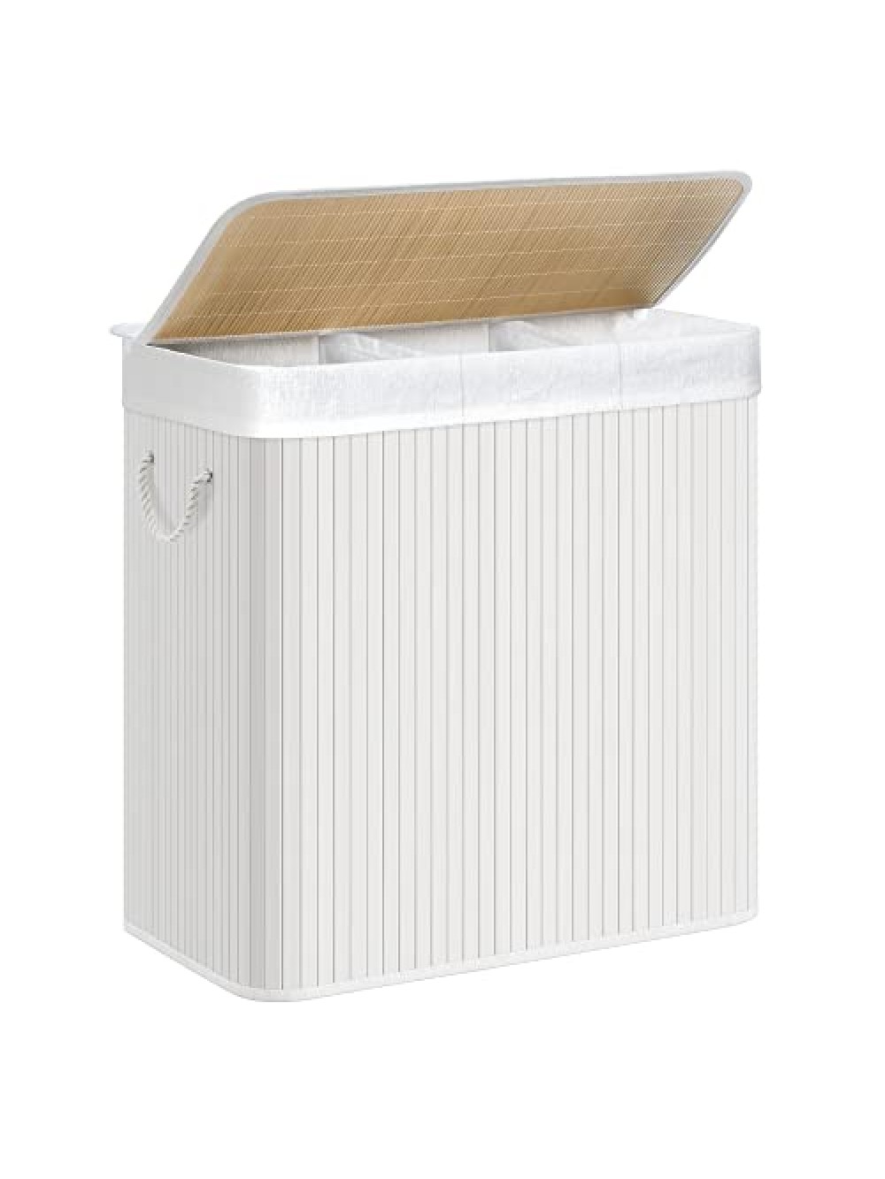 SONGMICS Laundry Hamper Basket with 3 Sections, Clip-on Lid and Handles, 150L Foldable, for Laundry Room, Bedroom, Bathroom, White LCB091W01