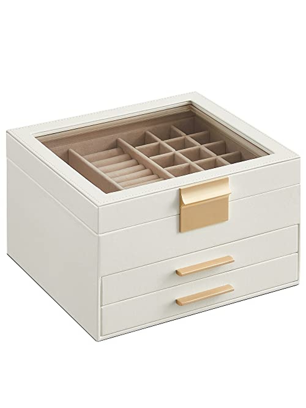 SONGMICS Jewellery Box with Glass Lid, 3-Layer Jewellery Organiser with 2 Drawers, Jewellery Storage, Plenty of Storage Space, Modern Style, Gift for Loved Ones, Cloud White and Gold JBC239WT