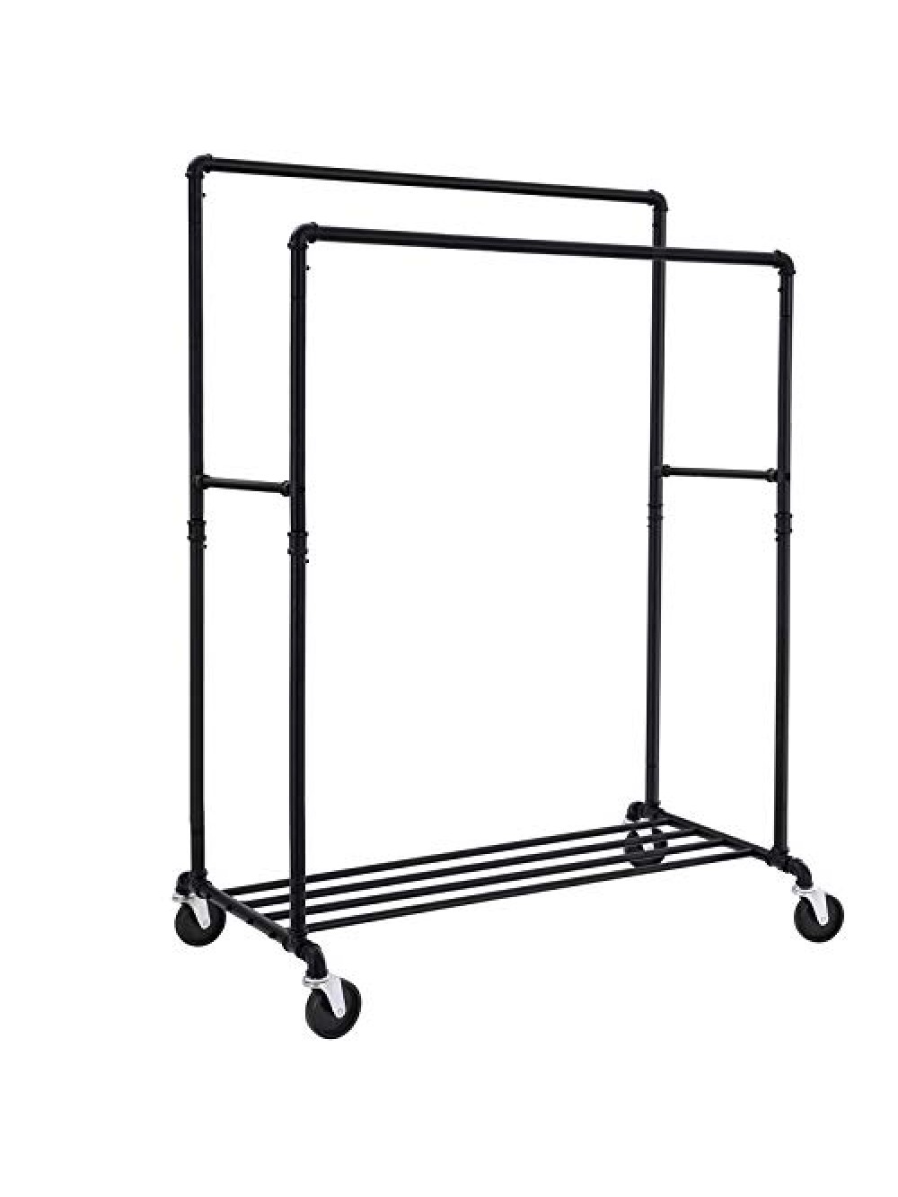 SONGMICS Industrial Pipe Clothes Rack on Wheels, Maximum load of 110 Kg, Double Hanging Rail, Heavy Duty Metal with Shelf, Commercial Grade, Black HSR60B