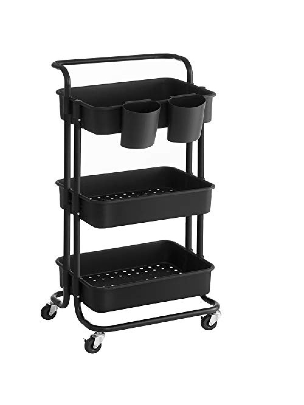 SONGMICS Rolling Cart, 3-Tier Storage Cart, Storage Trolley with Handle 2 Small Organisers, Steel Frame, Plastic Baskets, Utility Cart, Easy Assembly, for Bathroom Laundry Room, Black BSC067B01