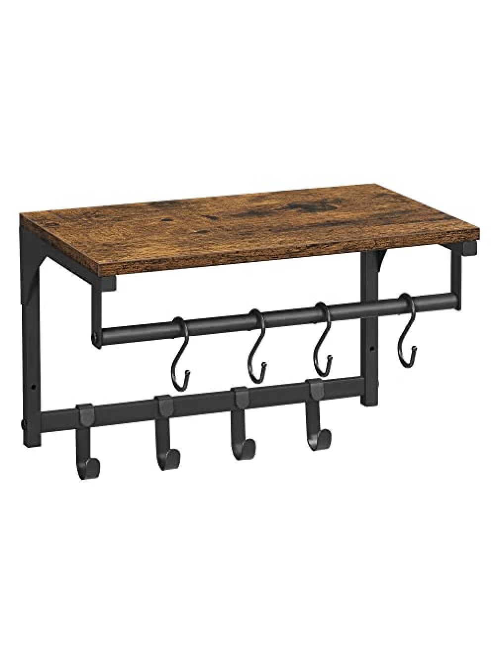 VASAGLE Wall Mounted Coat Rack, Wall Shelf with 8 Removable Hooks, Wall Mounted Hanging Shelf with Clothes Rail, for Hallway, Bedroom, Vintage Brown/Black LCR103B01