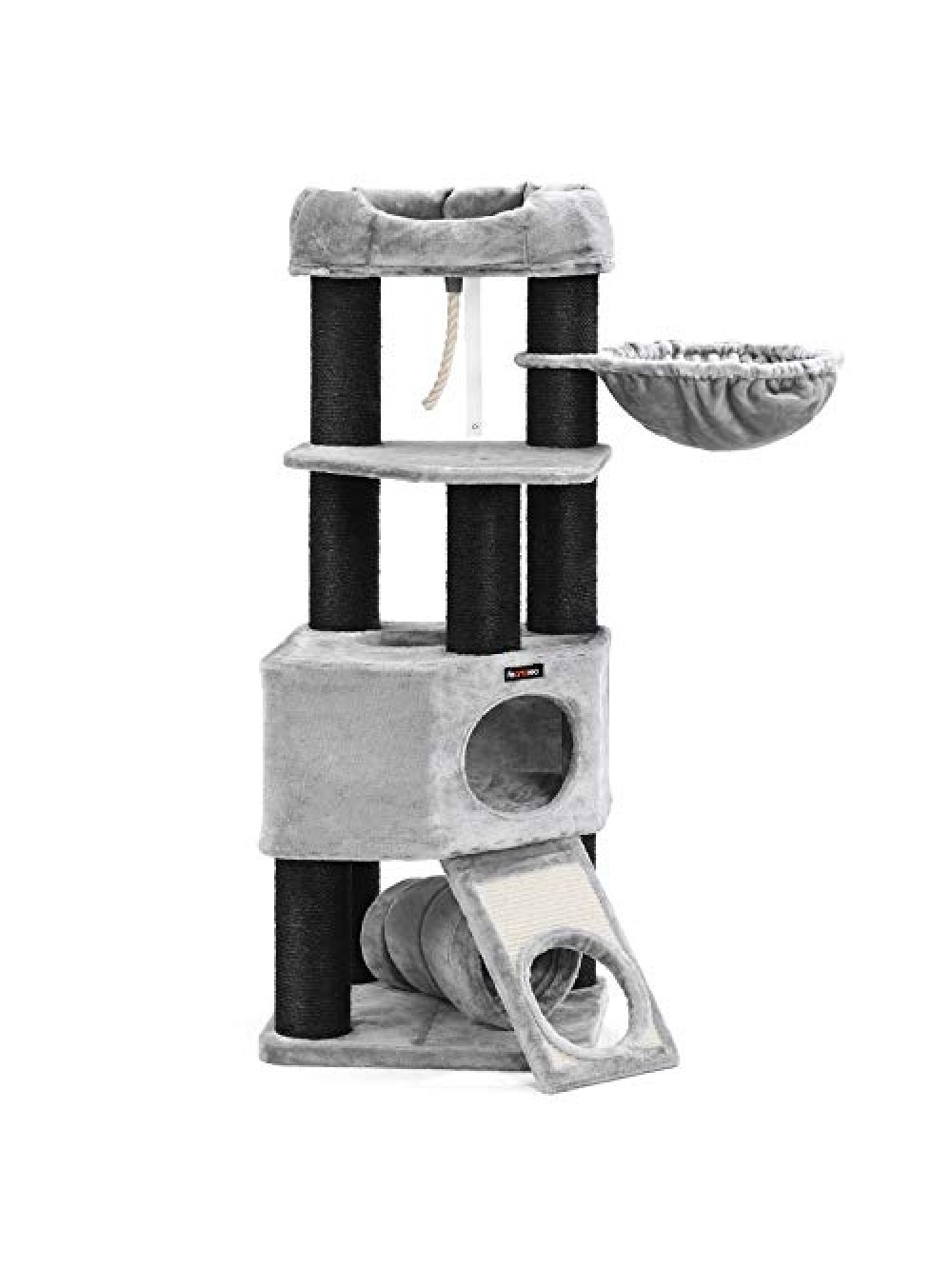 FEANDREA Cat Tree, Large Cat Tower with Fluffy Plush Perch, Cat Condo with Basket Lounger and Cuddle Cave, Extra Thick Posts Completely Wrapped in Black Sisal, Stable, Comfortable, Light Grey PCT02W