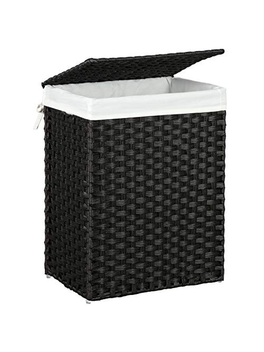 SONGMICS Handwoven Laundry Basket, 90L Synthetic Rattan Clothes Hamper with Lid and Handles, Foldable, Removable Liner Bag, Black LCB51BK