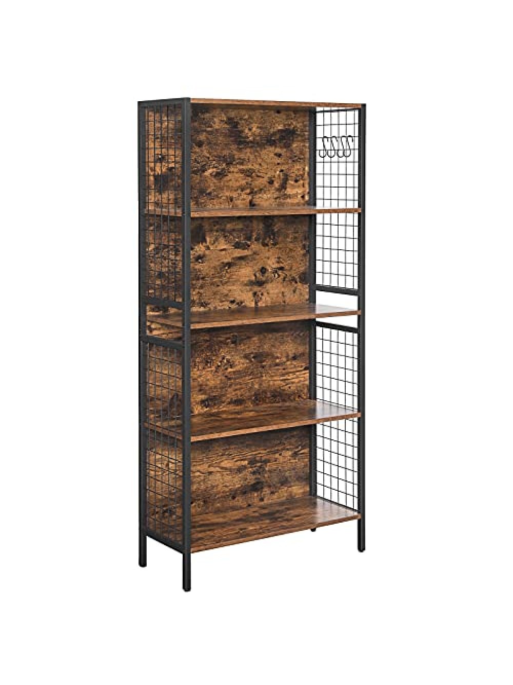 Βιβλιοθήκη VASAGLE, ράφι αποθήκευσης γραφείου, 4 επίπεδα για βιβλία, διακοσμητικά, σταθερό χαλύβδινο πλαίσιο, γάντζοι σε σχήμα S για κρέμασμα, σαλόνι, στούντιο, υπνοδωμάτιο, ρουστίκ καφέ και μαύρο LBC023B01