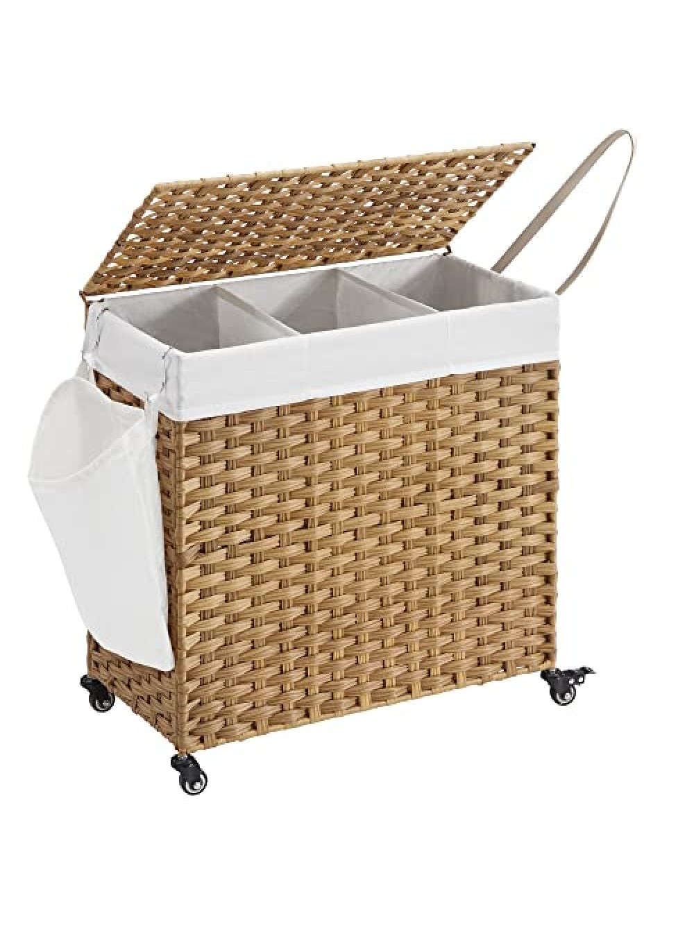 SONGMICS Laundry Basket, Handwoven Laundry Hamper, 140L Rattan-Style Washing Basket with 3 Compartments, Removable Liner, Handles, Lid, Living Room, Bathroom, 66 x 33 x 60 cm, Natural LCB363N01