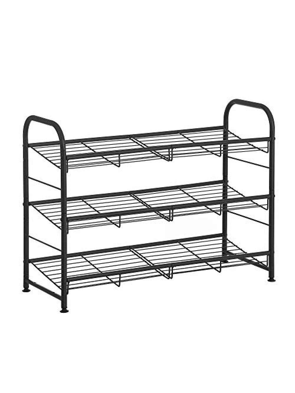 SONGMICS 3-Tier Shoe Rack, Stackable Shoe Storage Organiser, Hold up to 12 Pairs, Steel, 68.5 x 27.5 x 49.5 cm, for High Heels, Trainers, Slippers, in the Entryway, Black LMR066B01