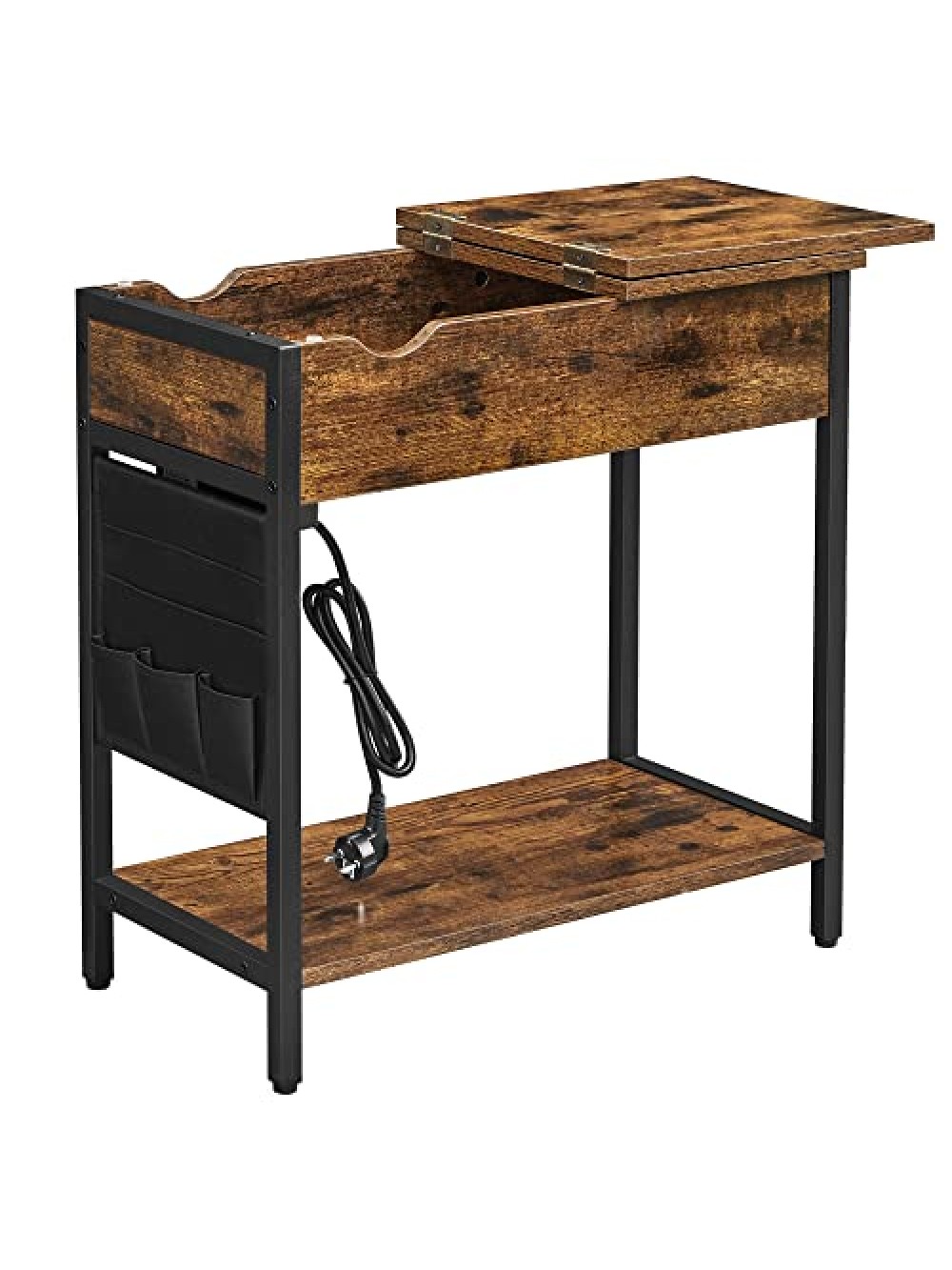 VASAGLE Side Table Folding Bedside Table with Sockets Folding Table Top with Shelf and Fabric Bag for Living Room Bedroom Vintage Brown Black LET311B01