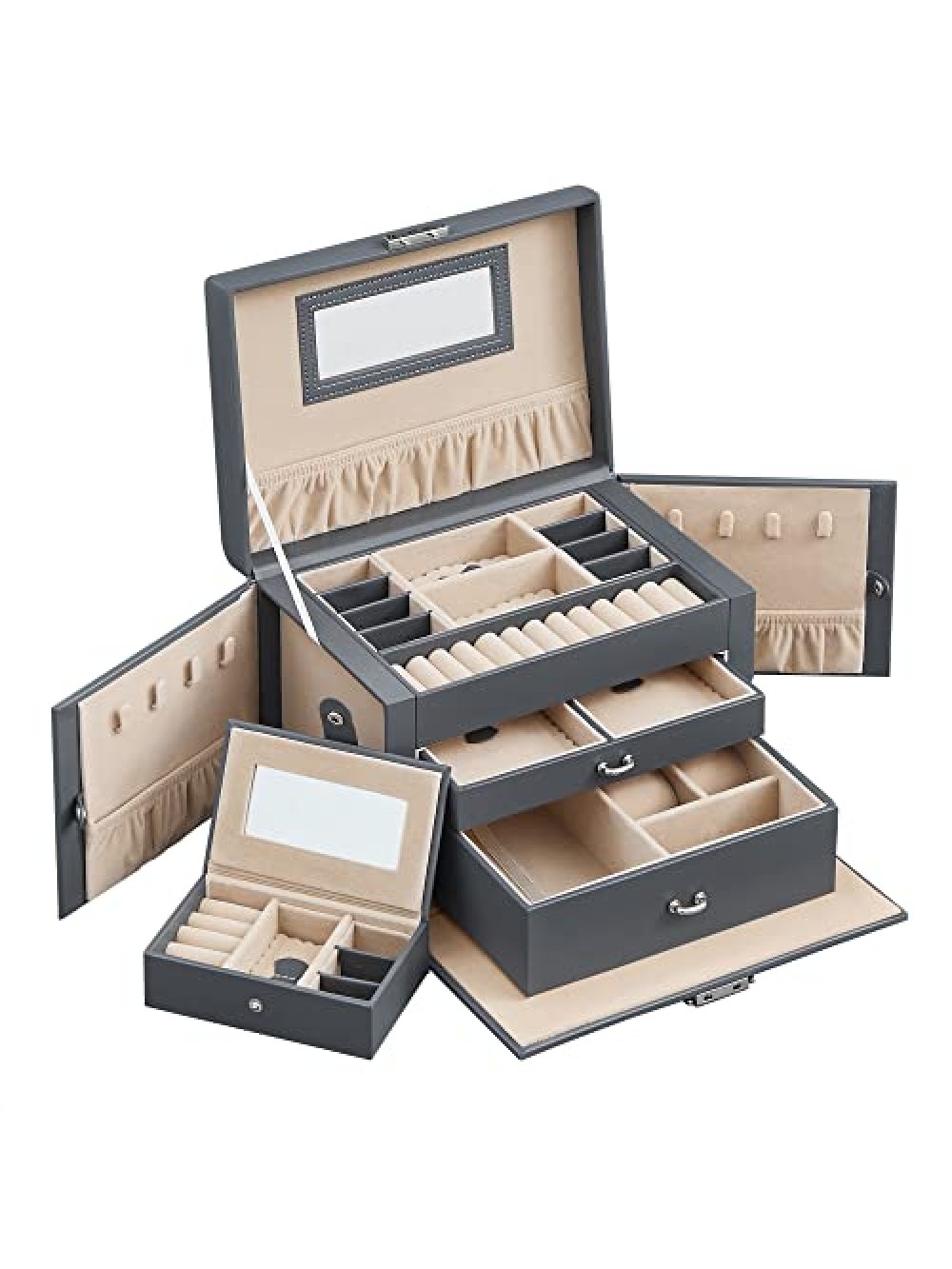SONGMICS Jewellery Box 3 Layers, Jewellery Organiser with 2 Drawers, Jewellery Case with Portable Travel Case, with Handle, Lockable, Jewellery Storage, Gift for Loved ones, Grey JBC121G01