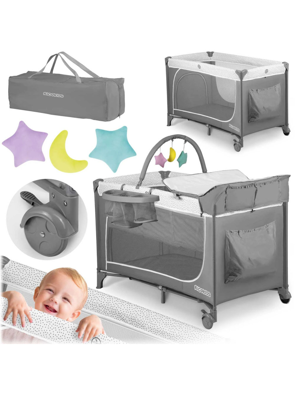 Ricokids Πτυσσόμενη κούνια ταξιδιού RK-241 125x65x78cm - γκρι