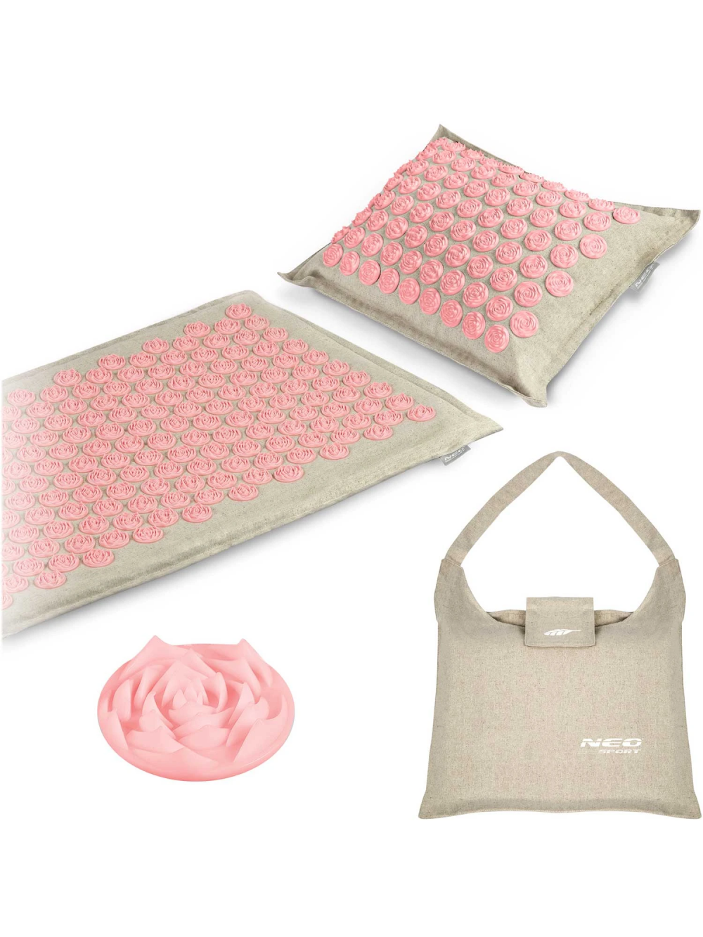 Neo - sport Χαλί μασάζ Acupressure με μαξιλάρι 70x44cm, για ανακούφιση στους πόνους σπονδυλικής στήλης σε χρώμα γκρι-ροζ