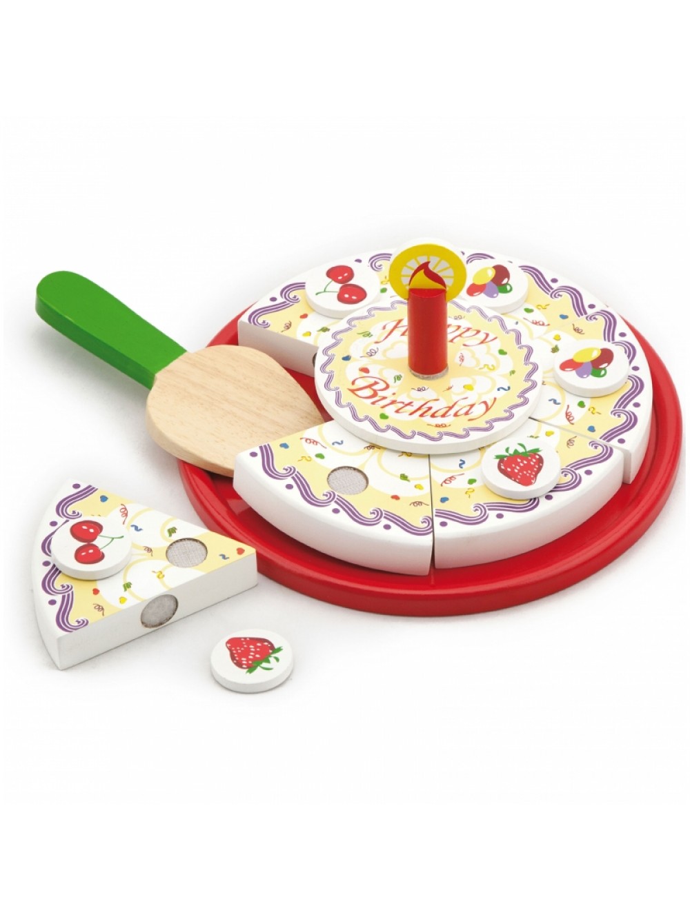 Viga Toys παιδική ξύλινη τούρτα γενεθλίων 6 τεμαχίων με αυτοκόλλητο Velcro,ξύλινο πιάτο,σπάτουλα και αξεσουαρ διακόσμησης