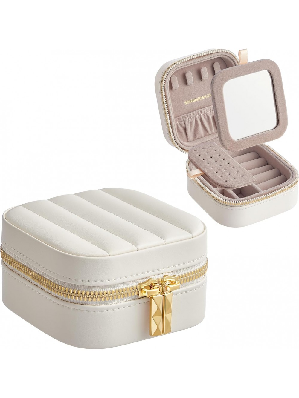 SONGMICS HOME ANAH Collection JBC179W01 Travel Jewelry Case, Small Organizer with Mirror, 4.1 x 4.1 x 2.4 Inches, Stitched PU Surface, Portable, Zippers, Gift Idea,