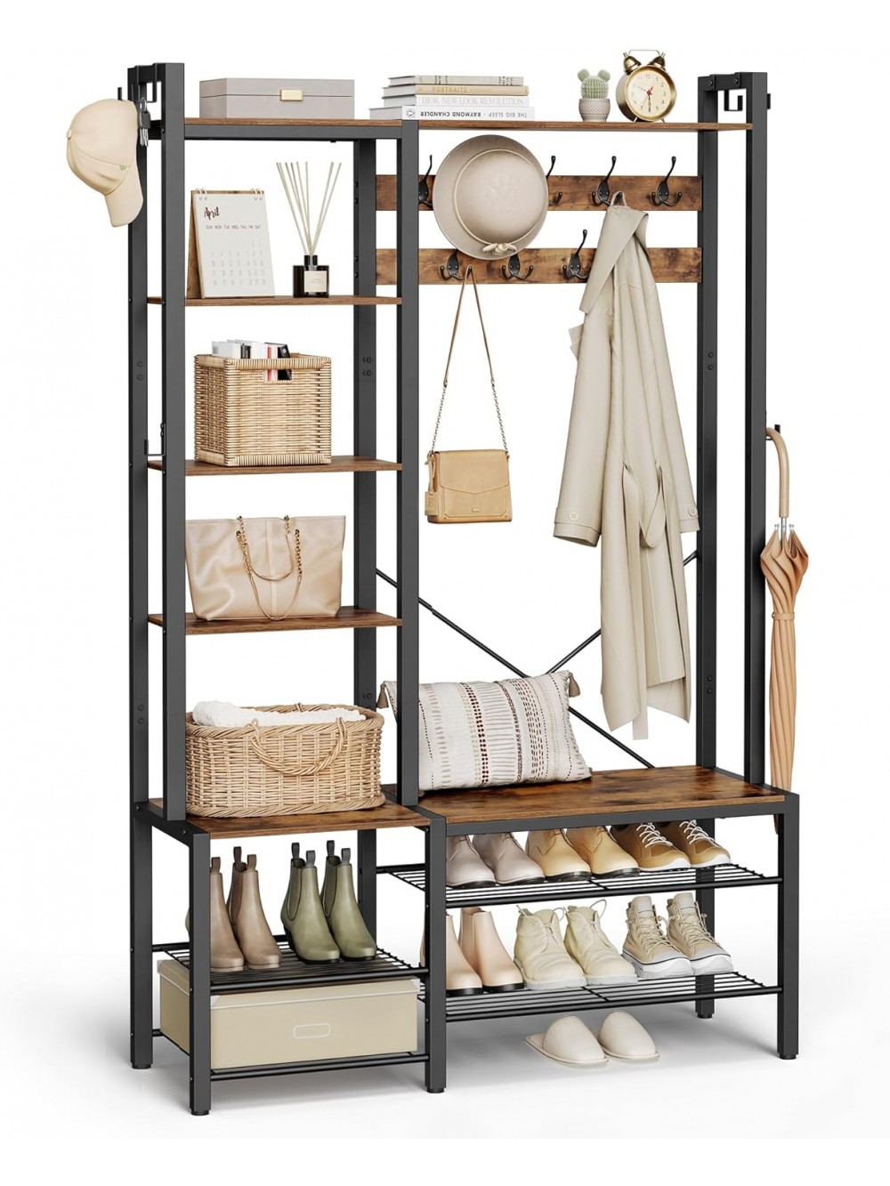 VASAGLE Hall Tree with Bench and Shoe Storage, Hallway Coat Rack with Shoe Bench and 5 Storage Shelves, 9 Coat Hooks and 6 Side Hooks, 140 x 120 x 190 cm, Vintage Brown and Ink Black HSR426B01