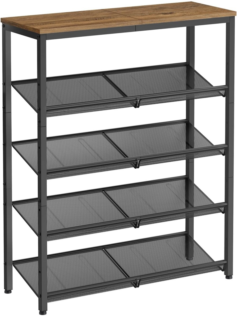 VASAGLE Shoe Rack, 5-Tier Shoe Storage with Shelves and Large Top, Adjustable Mesh Shelves, Space-Saving for Entryway, Hallway, Steel, Industrial, Honey Brown and Ink Black LBS038K01 75x30x93cm