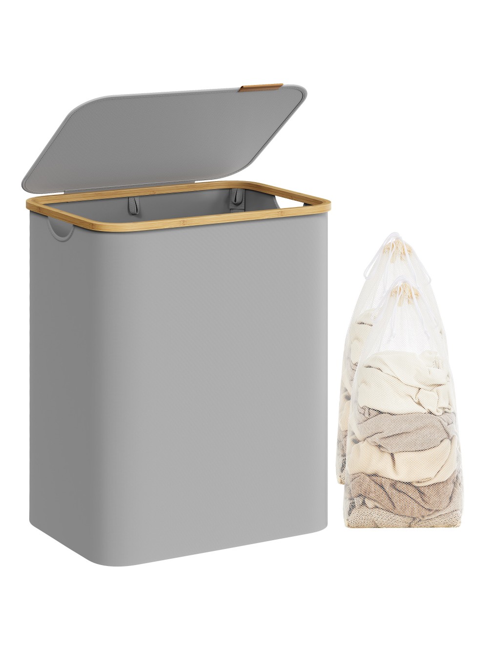 SONGMICS Laundry Basket with Lid, 2-Section Large Laundry Hamper, 130L, Removable Mesh Liner, Oxford Fabric, Bamboo Handles, Collapsible, 52 x 38.5 x 70.5 cm, Dove Grey LCB513G01