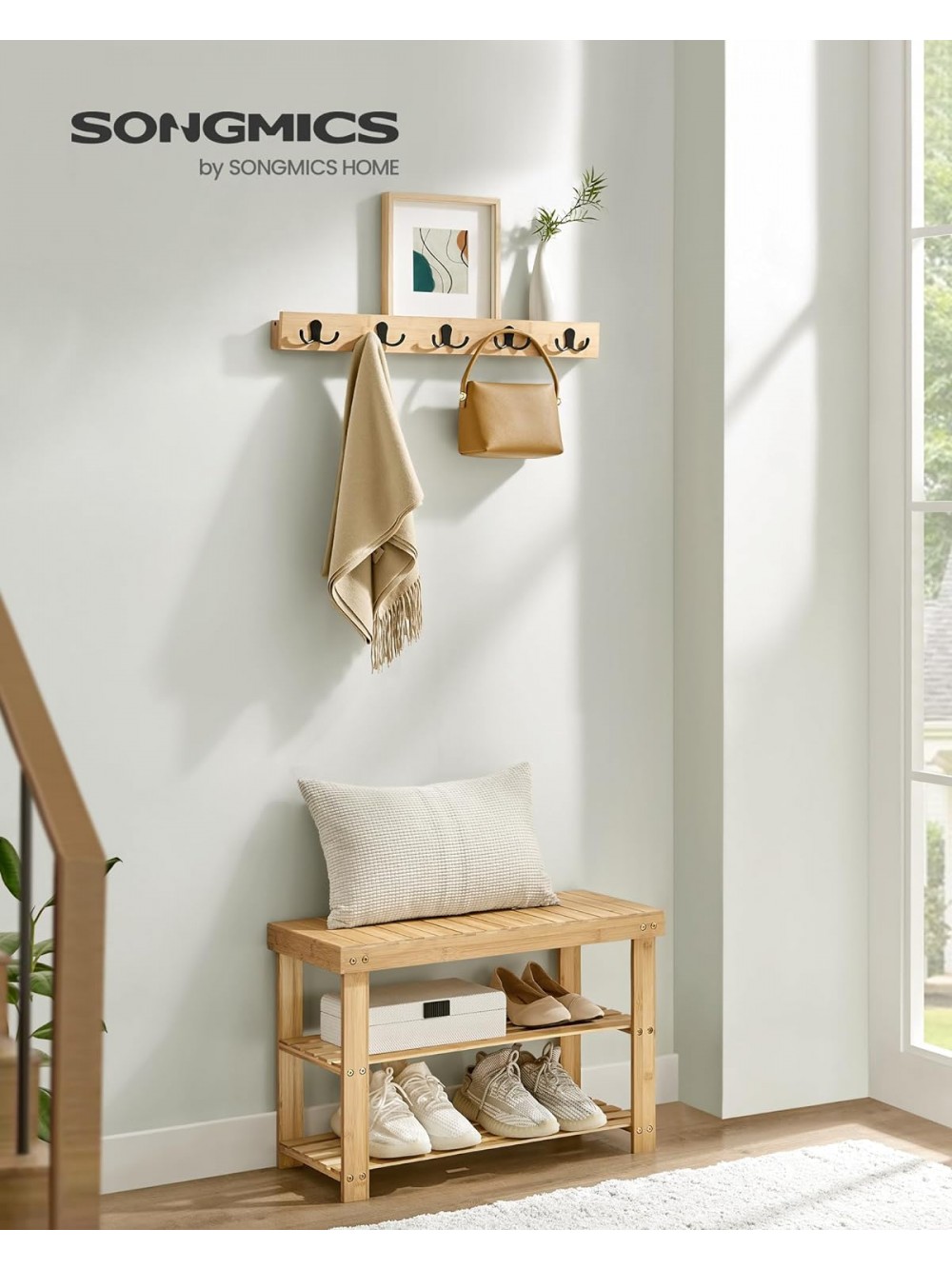 SONGMICS Coat Rack and Shoe Bench, Hallway Cabinet, Multifunctional 5 Double Metal Hooks, Bamboo Shoe Rack with 3 Tiers, for Hallway, Bedroom, Natural Beige LCR004N01 70.1x28.7x45.3cm