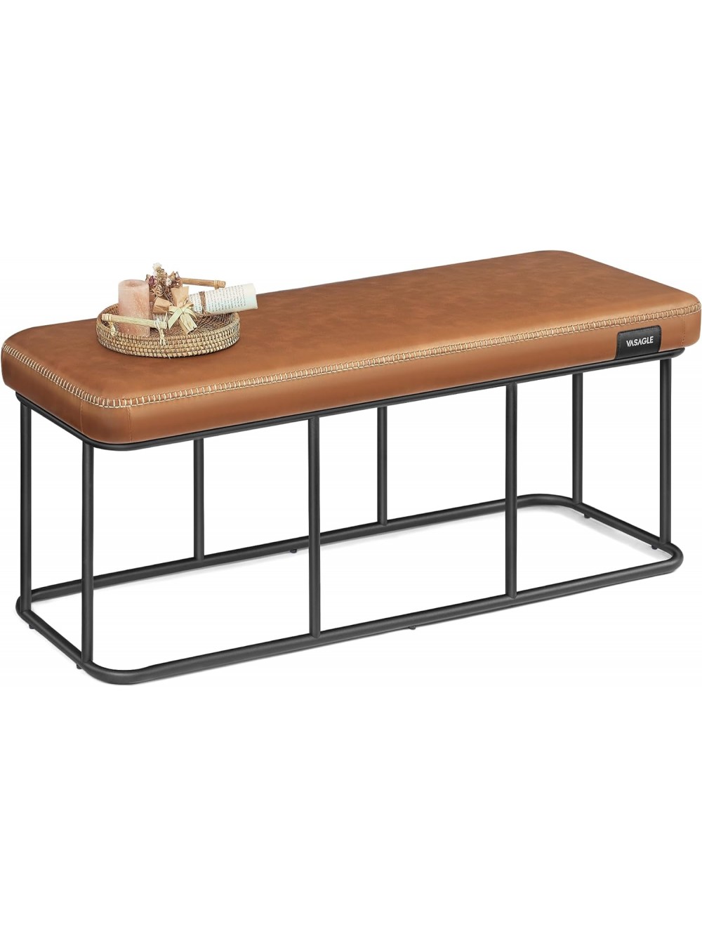 VASAGLE EKHO Collection - Bench for Entryway Bedroom, Synthetic Leather with Stitching, Ottoman Bench with Steel Frame, Living Dining Room, Mid-Century Modern, Loads 660 lb, Caramel Brown LOM073K01