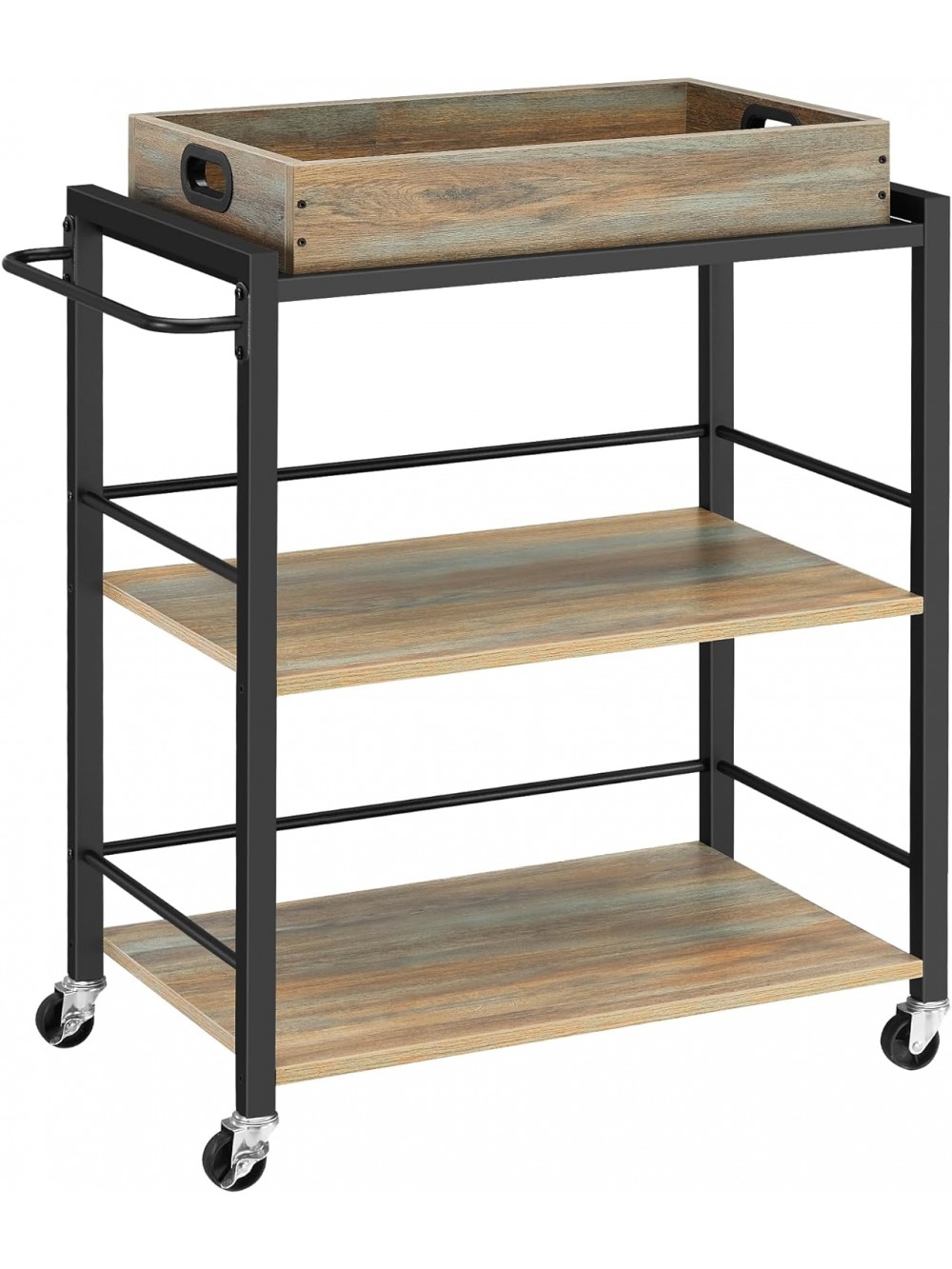 VASAGLE Kitchen Serving Cart with Removable Tray, 3-Tier Kitchen Utility Cart on Wheels with Storage, with Brakes, Levelling Feet, 40 x 72 x 86 cm, Turquoise Brown and Ink Black LRC072K60