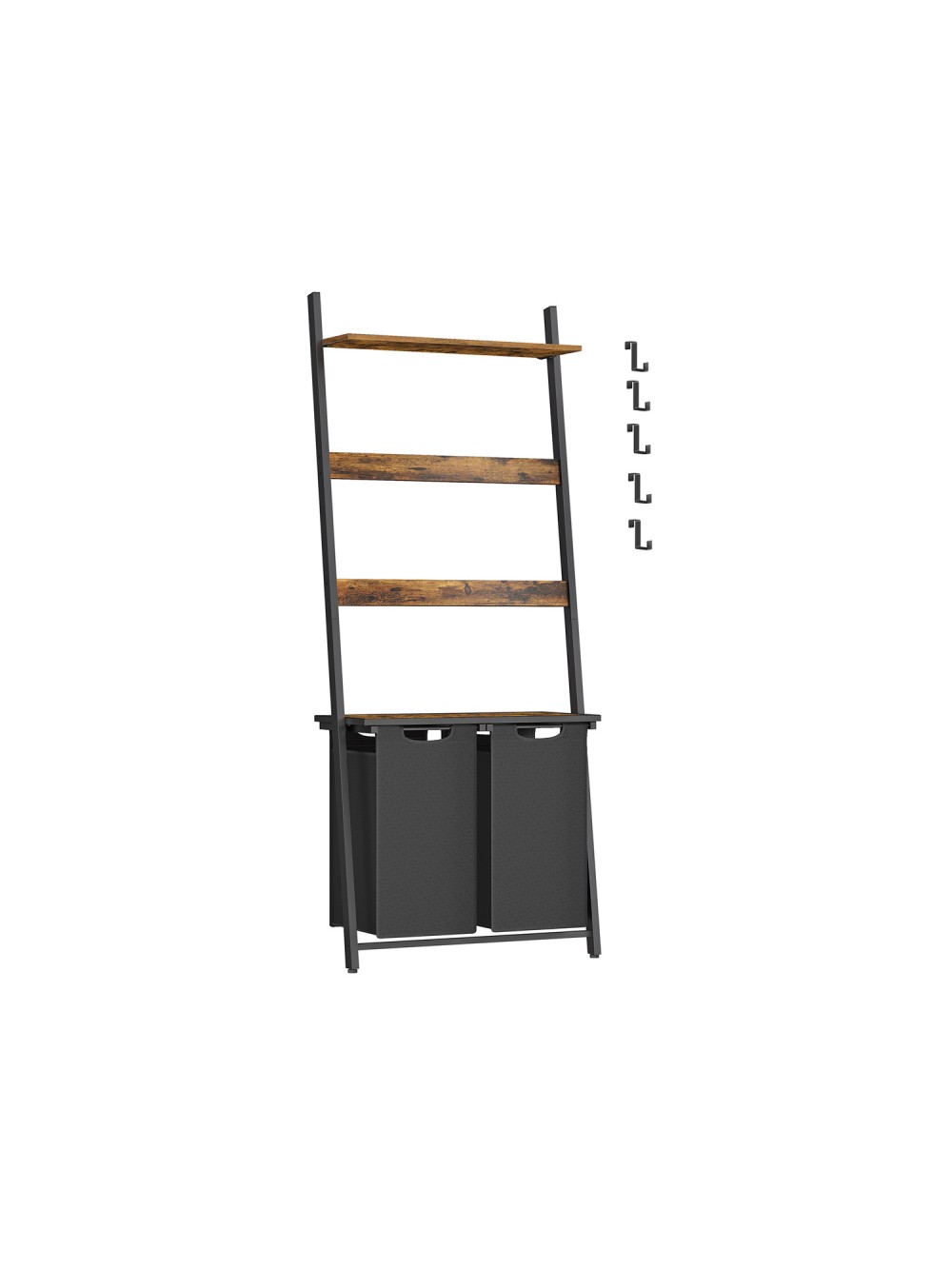 VASAGLE Laundry Basket, 2-Section Laundry Hamper with Blanket Ladder, Pull-Out and Removable Liners, 2 Shelves, 5 Hooks, 2 x 46L, 73 x 33 x 177 cm, Rustic Brown and Black BLH221B01