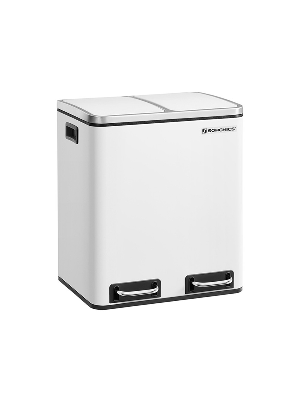 SONGMICS Kitchen Bin, 2 x 15 L Steel Rubbish Bin, Step Bin with Inner Buckets and Handles, Soft Closure, Odour Seal, White LTB30WT