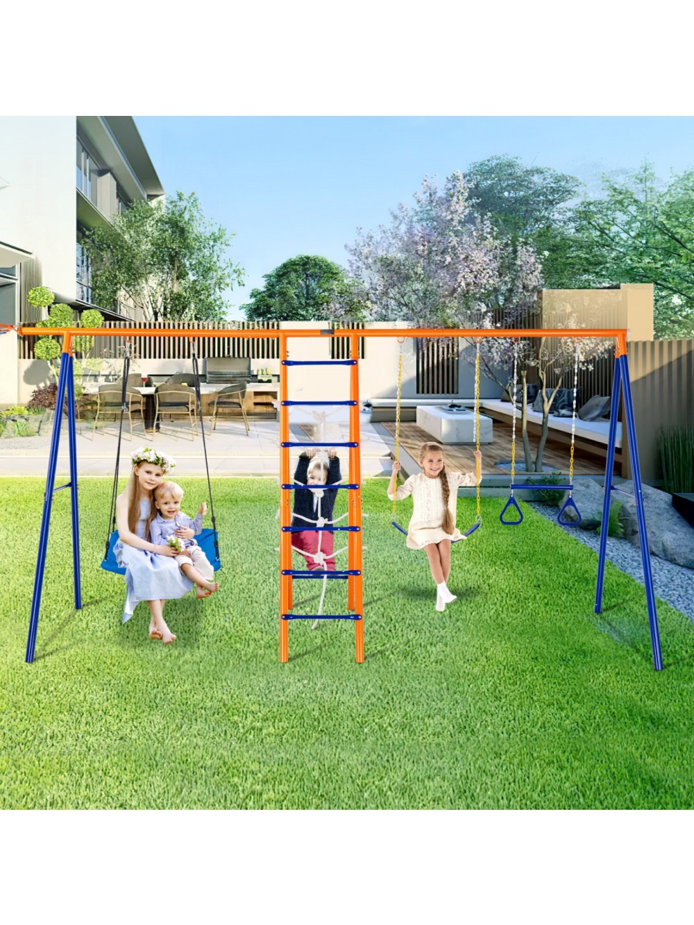 VEVOR Σετ Κούνιας για την Αυλή, 6 σε 1 με 2 Κούνιες, Τραπέζιο, Σκάλα Αναρρίχησης, Δίχτυ Αναρρίχησης και Μπασκέτα, Μεταλλική Κούνια Βαρέος Τύπου με Αντοχή 440lbs για Παιδιά 3+ Ετών AXQQTZ4RW000I4JXOV0