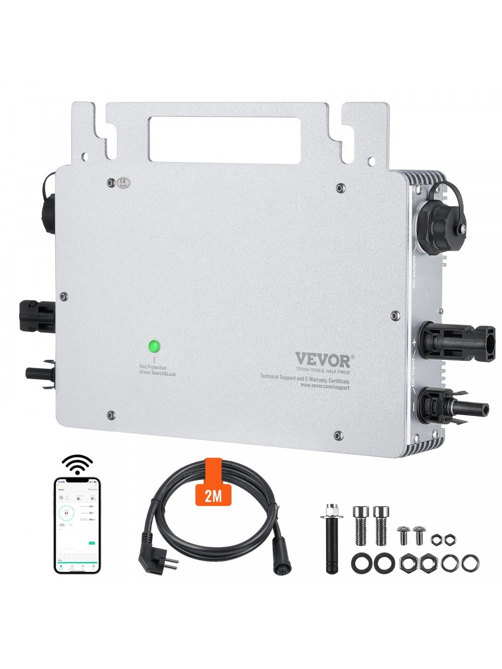 VEVOR Solar Grid Tie Micro Inverter, 600W, Solar Micro Inverter, IP67 Waterproof Aluminum Alloy Solar Power Grid Tie Inverter DC18-50V Operating Voltage with APP Wifi Antenna Power Cord, for Solar Panel Systems IP67WXBWNBQIXFKWLV2