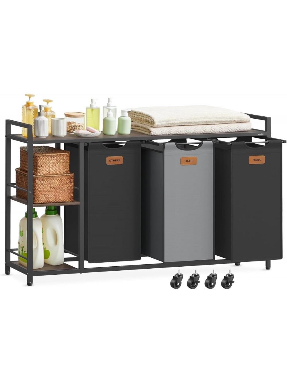 VASAGLE BLH312B01 Laundry Hamper with 3 Compartments, 150 L Laundry Sorter, Rolling Laundry Cart with Shelves, Removable Liners, 6 Labels, Chestnut Brown, Ink Black and Dove Grey 