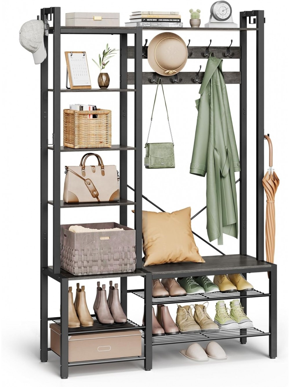 VASAGLE HSR426B04 Coat Rack with Shoe Bench and 5 Storage Shelves, 9 Clothes Hooks and 6 Side Hooks, 40 x 120 x 190 cm, Stone Grey and Black Ink