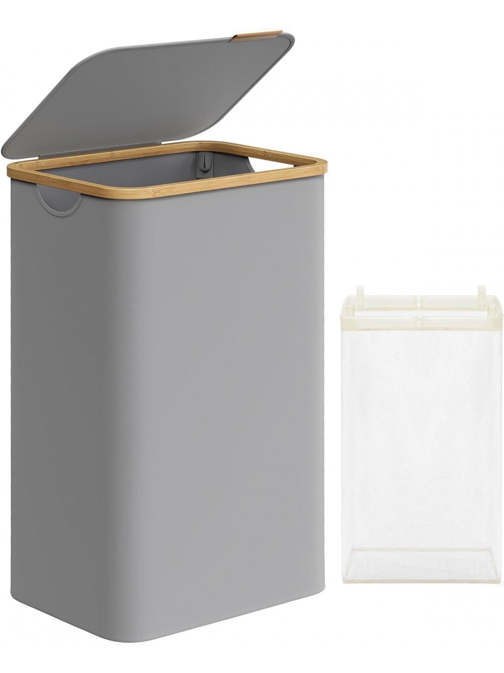 SONGMICS LCB509G01 Laundry Basket with Lid, 90 L Laundry Basket, Removable Laundry Bag, Oxford Fabric, Bamboo Handles, Foldable, 42 x 32 x 70.5 cm, Dove Grey 