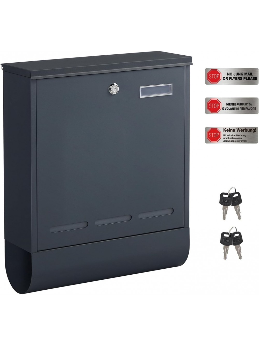 SONGMICS GMB060G01V1 Post Box, Wall-Mounted Letter Box for Outside, Mailbox with 4 Keys, No-Junk-Mail Stickers, Newspaper Holder, Viewing Windows, Easy to Install, Anthracite Grey 