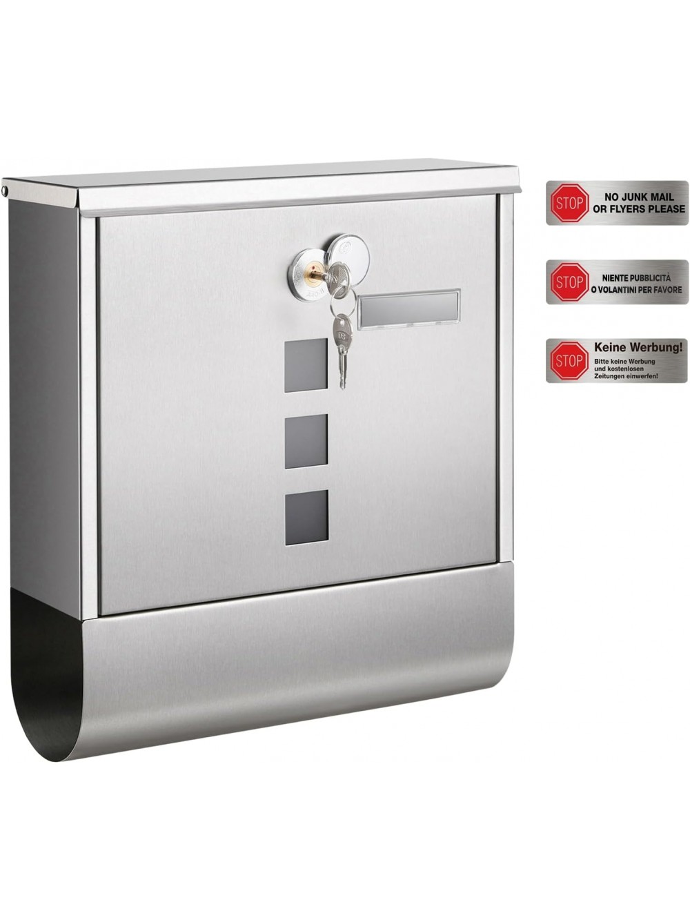 SONGMICS GMB120E01 XXL Letterbox, Stainless Steel with Newspaper Compartment, Lock with Copper Cylinder and Rotating Cover, Viewing Window, Name Plate, Easy Assembly, 11 x 37 x 37 cm, Silver